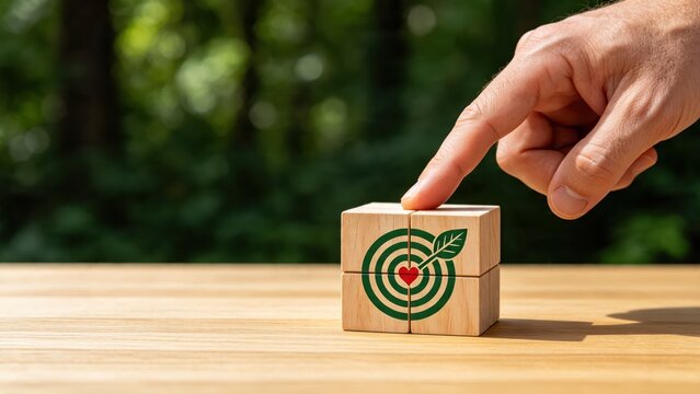 Hand pointing at wooden block with green target and leaf symbol, environmental sustainability goal concept, eco-friendly business objective, nature conservation mission statement