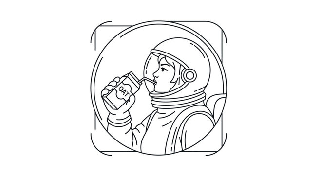 Astronaut drinking oat milk from carton in space helmet, line art illustration