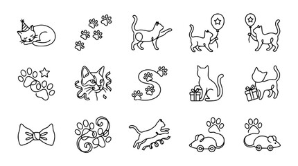 Cute Cat Doodles: Festive Felines & Paw Prints - Vector Line Art Collection © Teh