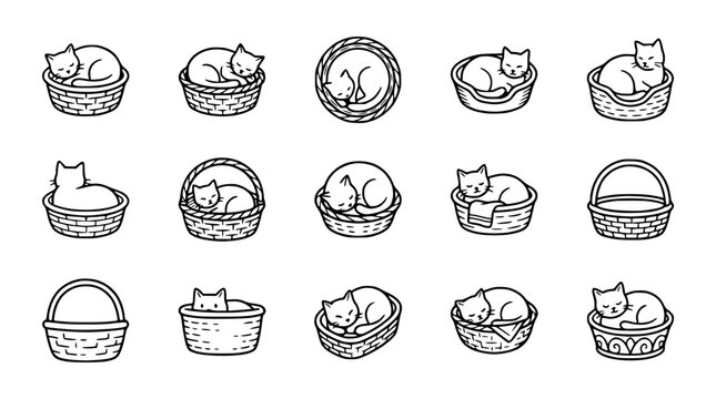 Cute Cats Sleeping in Baskets: Adorable Kitten Icons Set
