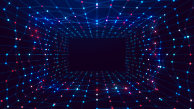 Abstract blue, violet and red wireframe network tunnel with glowing nodes and depth of field, creating a futuristic technology background with strong spatial perspective.