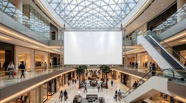 Blank horizontal hanging billboard mockup inside a bright modern shopping mall with escalator