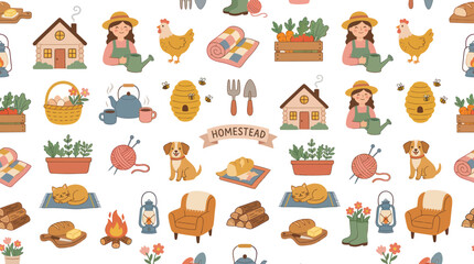 Fototapeta premium Cozy Homestead Vector Art: Cute Farmhouse, Animals, and Garden Elements