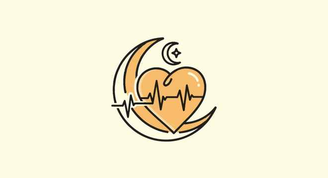 Hand-drawn minimalist vector logo featuring a heart with an EKG heartbeat line, set against a large crescent moon and small star icon on a cream background for medical sleep health.