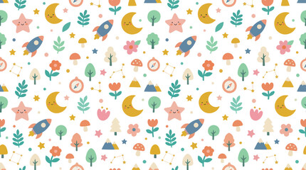Obraz premium Whimsical Flat Illustration Seamless Pattern for Children featuring Space, Nature, and Adventure Elements