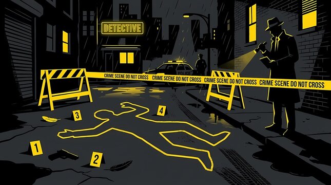 Crime scene investigation illustration with a detective and chalk outline.