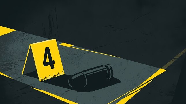 Crime scene evidence marker with a spent bullet casing on dark ground.