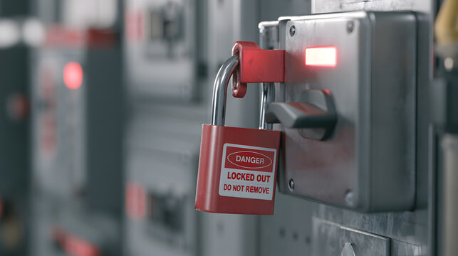 Lockout Tagout LOTO Safety Padlock on Electrical Switch | Industrial Workplace Safety