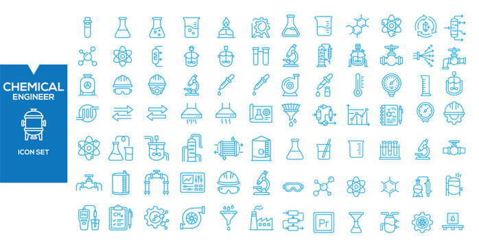 Chemical Engineering Icon Set: A comprehensive collection of line art icons representing various aspects of chemical engineering, including lab equipment, scientific symbols, and industrial machinery.