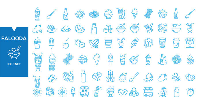 Falooda Icon Set: A comprehensive collection of line art icons representing various ingredients, drinks, and desserts associated with the popular Indian dessert, Falooda.