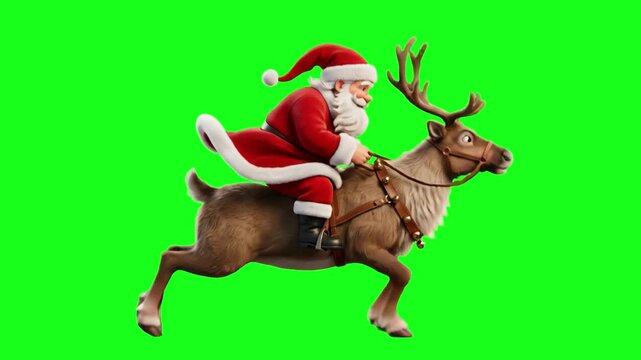 A cheerful 3D animated Santa Claus rides on the back of a galloping reindeer against a bright chroma key green screen. Designed for seamless background compositing in Christmas promotions and holiday 