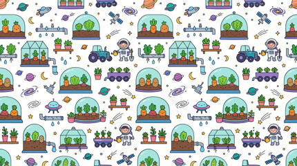 Fototapeta premium Cute Cartoon Space Agriculture Vector Pattern: Future Farming Greenhouses, Astronauts Plants for Sci-Fi Gardening