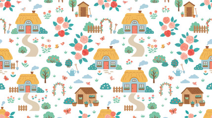 Fototapeta premium Cute Flat Vector Seamless Pattern of Countryside Gardens with Charming Cottages, Flowers Gardening Tools