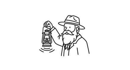 Fototapeta premium Bearded Man in Hat Holding Lantern, Vintage Explorer Style, Line Art Illustration