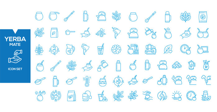 Yerba Mate Icon Set: A collection of line art icons representing various aspects of yerba mate culture, including preparation, consumption, and cultural symbols, all in a clean blue and white palette.