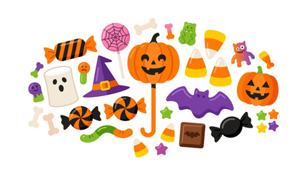 Fototapeta premium Spooky halloweenthemed collection of pumpkins, candy, bats, ghosts, witches hats, stars, and sweets ideal for festive designs and projects.