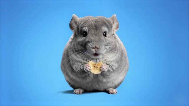 A cute, spherical grey chinchilla holds onto a small food morsel while chewing intently against a clean sky-blue backdrop. This well-lit studio character layout is ideal for promotional flyers, pet fo