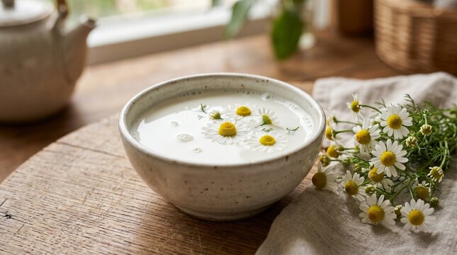 Fresh milk with chamomile flowers floating in a bowl on a rustic wooden table