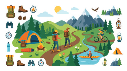 Fototapeta premium Adventurous outdoor scene with mountain forest, camping gear, hikers, bicycle, kayak, campfire, tent, backpacks, boots, binoculars, and compass. Suitable for travel or outdoorthemed designs.
