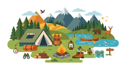 Fototapeta premium Diverse camping scene in the wilderness with mountains, forest, tent, campfire, backpack, fishing boat, wildlife, and outdoor gear. Suitable for outdoor adventurethemed designs and projects.