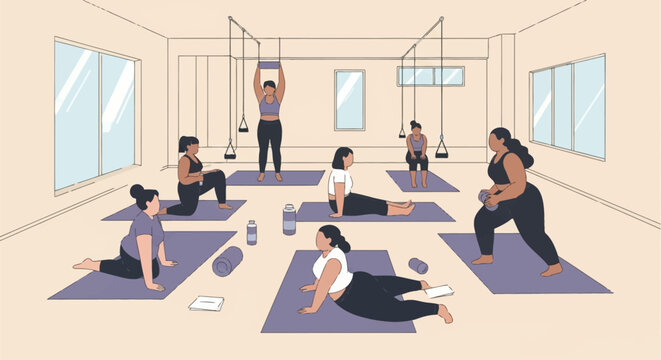Minimalist vector illustration of diverse plus-size women practicing yoga and pilates in a bright indoor studio with mats, foam rollers, blocks, and hanging resistance straps for fitness.