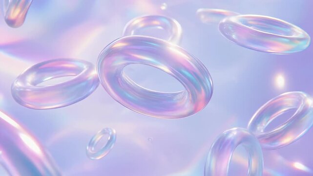 Translucent iridescent floating rings with pastel purple and blue hues