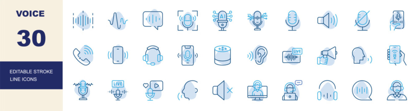 Voice Editable Stroke Line Icons Set. Voice Recognition, Speech Technology, Audio Communication, Virtual Assistant Vector Illustration