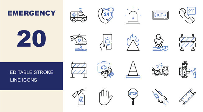 Emergency editable stroke line icons set. Emergency response, first aid, ambulance service, disaster warning and public safety vector illustration