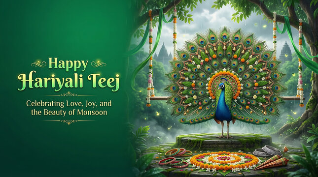 Vibrant peacock with fanned tail feathers celebrating hariyali teej festival amidst lush greenery and traditional decorations symbolizing love
