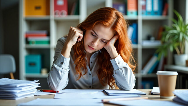 Tired paralegal resting head on hand beside stack of documents in modern archive office