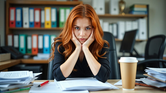 Tired paralegal resting head on hand beside stack of documents in modern archive office