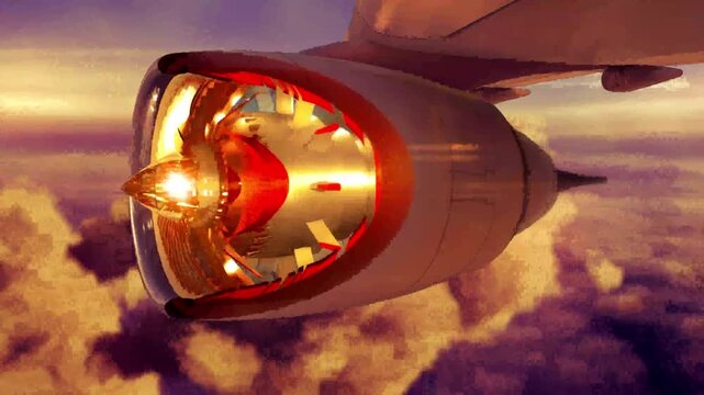 Commercial jet airplane flying above clouds with flight through engine sunset in 4K Ultra HD footage
