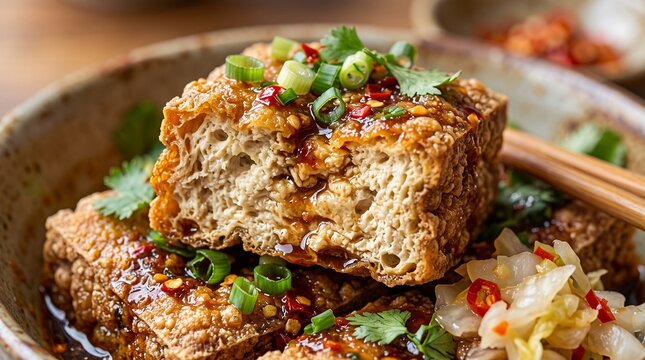 Taiwanese crispy stinky tofu with chili and scallions in a savory sauce