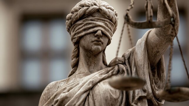 Classical marble statue of lady justice with blindfold and scales on stone pedestal