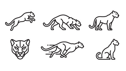 Fototapeta premium Collection of panther and feline silhouette icons in action poses with predator wildlife collection carnivore movement illustration isolated strength athletic