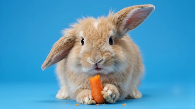 A cute, long-eared brown rabbit nibbles on a fresh orange carrot against a solid blue studio backdrop. Perfect for easter campaigns, pet care advertisements, and children's educational content.