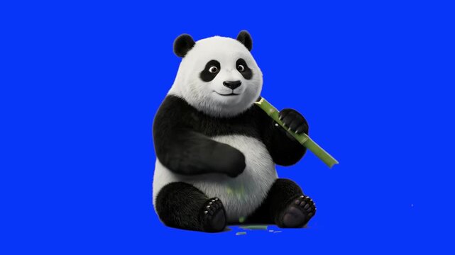 A cheerful 3D animated character of a friendly giant panda sitting and eating a green bamboo stalk against a solid blue studio backdrop. Ideal for children's educational media, wildlife awareness vide