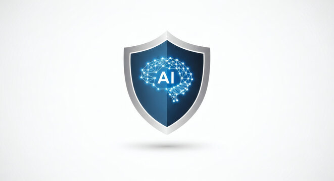 Cyber security shield featuring digital AI brain logo representing artificial intelligence data protection and software safety