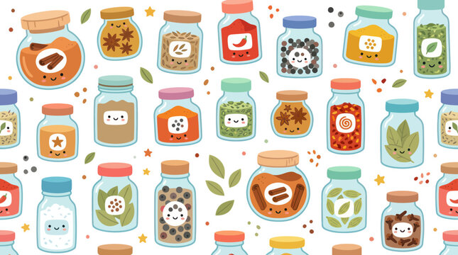 Cute Cartoon Kitchen Food Spices and Herbs Jars Seamless Pattern Flat Vector Illustration