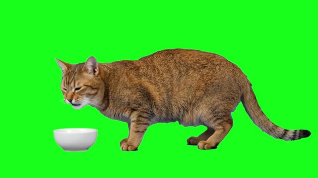 A realistic 3D animated domestic tabby cat bending down to drink milk or water from a white ceramic bowl against a green screen. Ideal for pet food commercials, veterinary marketing, and domestic anim