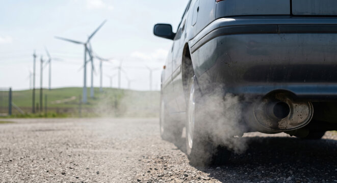 A car is parked on a gravel road, releasing exhaust smoke into the air. Wind turbines are visible in the background against a clear sky
