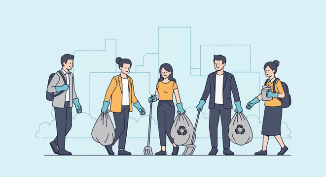 Minimalist vector illustration of diverse people cleaning a city. Men and women wear gloves, holding trash bags with recycling logos, a rake, and dustpan against a light blue skyline.
