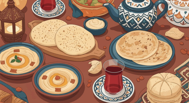 Vector illustration of Middle Eastern food spread featuring flatbread, hummus bowls, traditional tea glasses, patterned ceramic teapots, and a lantern on a warm-toned table setting.