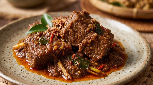 Delicious Indonesian beef rendang with aromatic spices and herbs