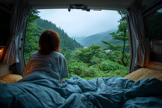 車中泊で朝の景色を眺める女性
