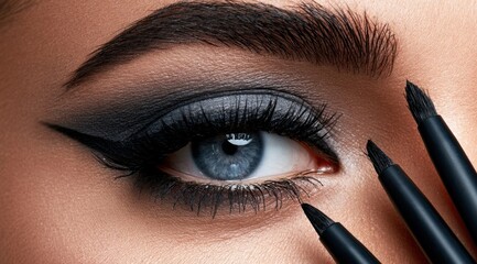 Naklejka premium Close up of a blue eye with black eyeliner and makeup pencils