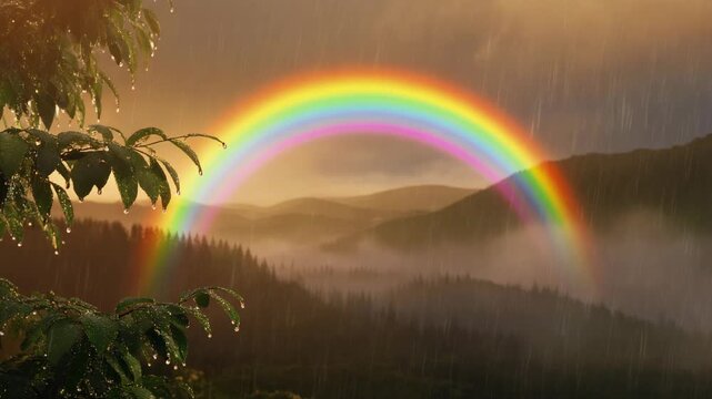 Rainbow Over Rainy Mountain Forest 4K Generative AI