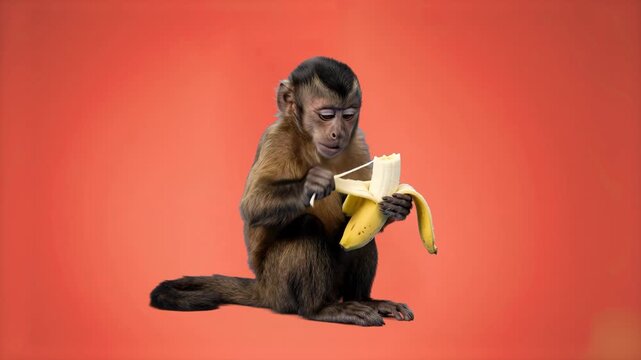 A brown capuchin monkey focuses on peeling a ripe yellow banana against a warm coral orange background. This brightly colored studio footage is well-suited for creative advertising, social media conte