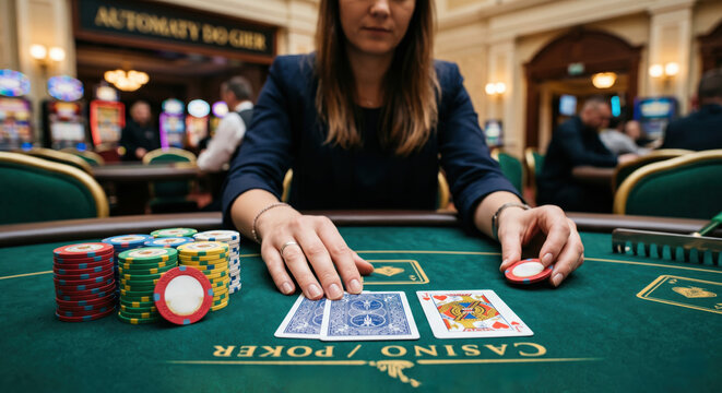 A woman is sitting at a casino table with poker chips stacked beside her. She looks at her cards while other players focus on their games. The space is busy with electronic gaming machines
