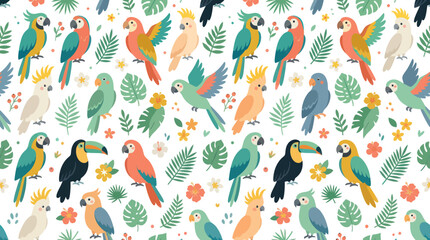 Fototapeta premium Tropical Parrots and Toucans Seamless Pattern, Exotic Birds, Vector Art